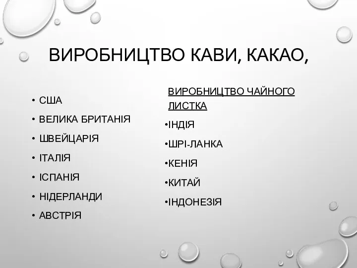 ВИРОБНИЦТВО КАВИ, КАКАО, США ВЕЛИКА БРИТАНІЯ ШВЕЙЦАРІЯ ІТАЛІЯ ІСПАНІЯ НІДЕРЛАНДИ