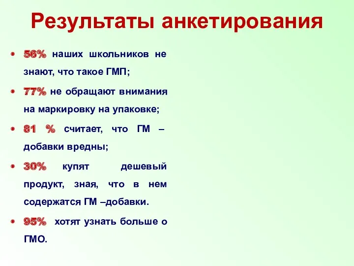 Результаты анкетирования 56% наших школьников не знают, что такое ГМП;