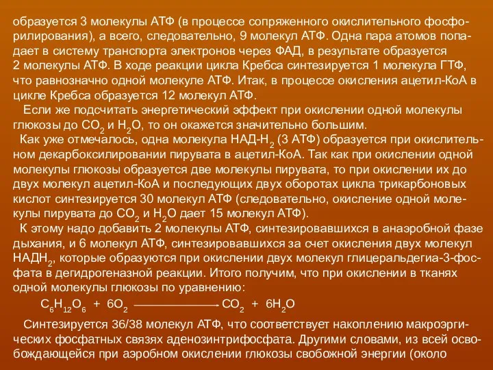 образуется 3 молекулы АТФ (в процессе сопряженного окислительного фосфо- рилирования),