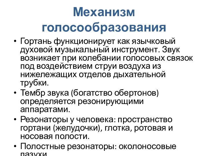 Механизм голосообразования Гортань функционирует как язычковый духовой музыкальный инструмент. Звук