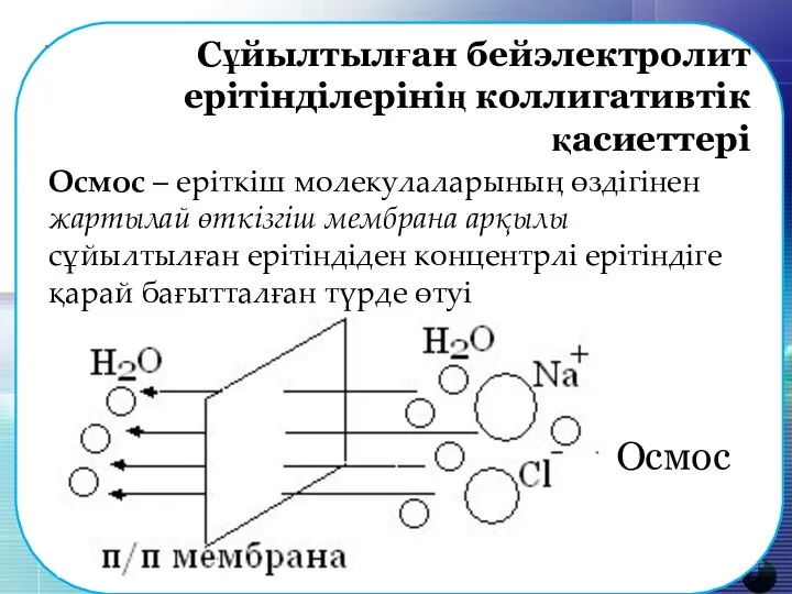 Сұйылтылған бейэлектролит ерітінділерінің коллигативтік қасиеттері Осмос – еріткіш молекулаларының өздігінен