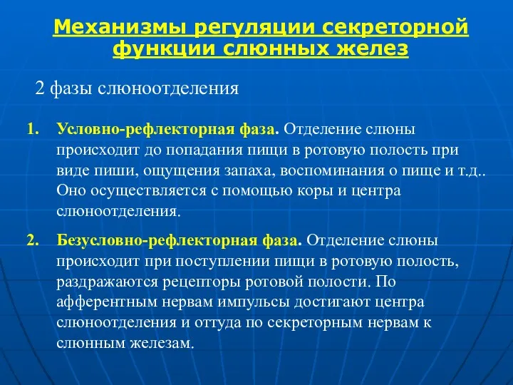 Механизмы регуляции секреторной функции слюнных желез 2 фазы слюноотделения Условно-рефлекторная