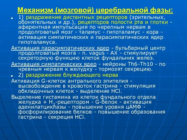 Механизм (мозговой) церебральной фазы: 1) раздражение дистантных рецепторов (зрительных, обонятельных