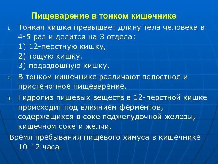 Пищеварение в тонком кишечнике Тонкая кишка превышает длину тела человека