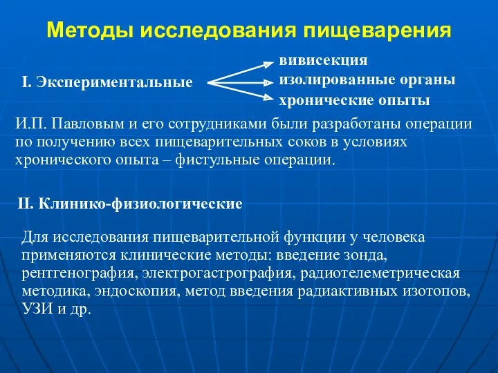 Методы исследования пищеварения Для исследования пищеварительной функции у человека применяются