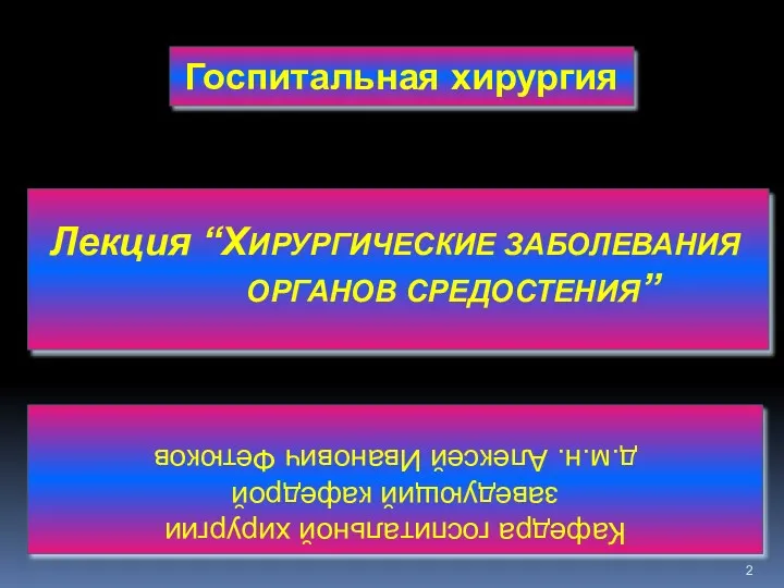 Госпитальная хирургия Лекция “ХИРУРГИЧЕСКИЕ ЗАБОЛЕВАНИЯ ОРГАНОВ СРЕДОСТЕНИЯ” Кафедра госпитальной хирургии заведующий кафедрой д.м.н. Алексей Иванович Фетюков