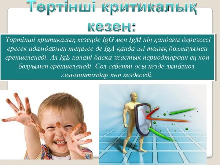 Төртінші критикалық кезеңде IgG мен IgМ нің қандағы дәрежесі ересек адамдармен теңелсе де