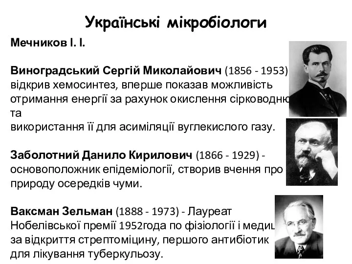 Українські мікробіологи Мечников І. І. Виноградський Сергій Миколайович (1856 - 1953) - відкрив