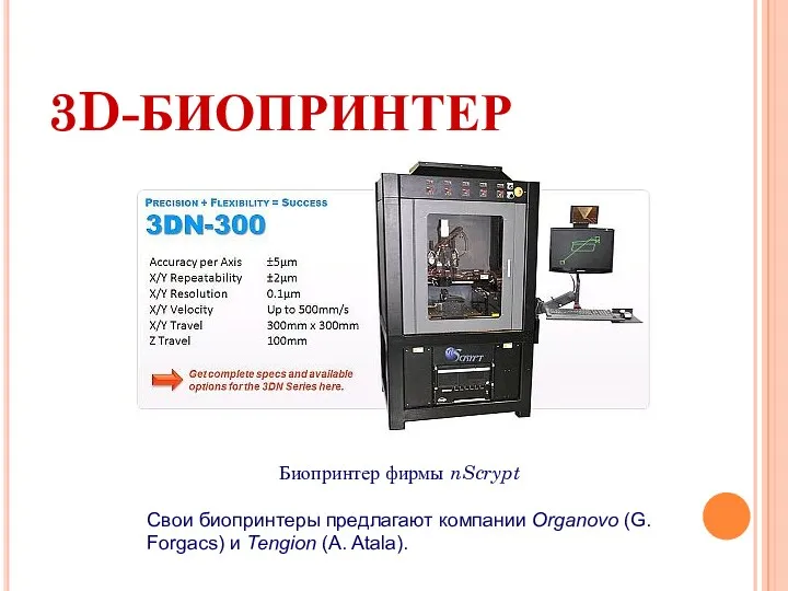 3D-БИОПРИНТЕР Биопринтер фирмы nScrypt Свои биопринтеры предлагают компании Organovo (G. Forgacs) и Tengion (A. Atala).
