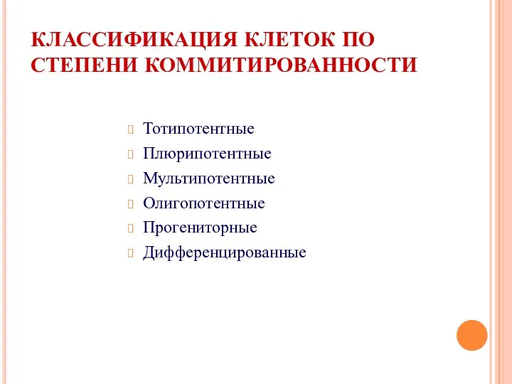 КЛАССИФИКАЦИЯ КЛЕТОК ПО СТЕПЕНИ КОММИТИРОВАННОСТИ Тотипотентные Плюрипотентные Мультипотентные Олигопотентные Прогениторные Дифференцированные