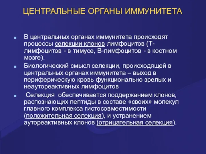 ЦЕНТРАЛЬНЫЕ ОРГАНЫ ИММУНИТЕТА В центральных органах иммунитета происходят процессы селекции