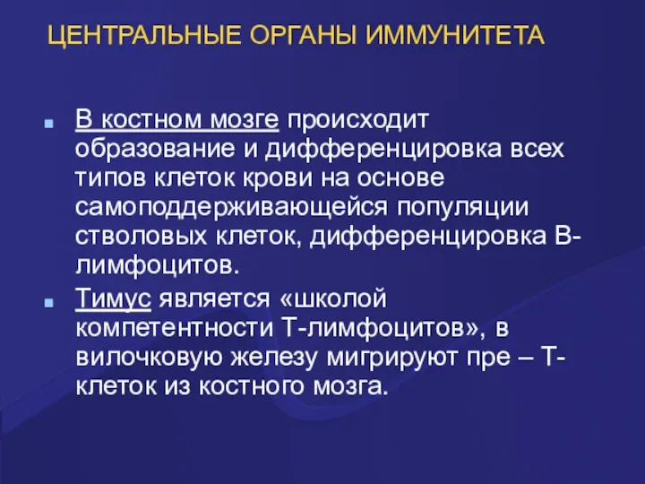 ЦЕНТРАЛЬНЫЕ ОРГАНЫ ИММУНИТЕТА В костном мозге происходит образование и дифференцировка