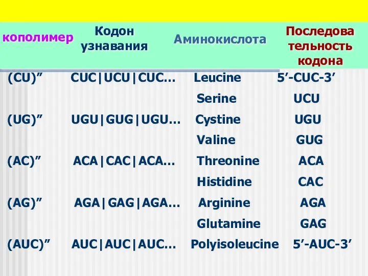 кополимер Кодон узнавания Аминокислота Последова тельность кодона (CU)” CUC|UCU|CUC… Leucine