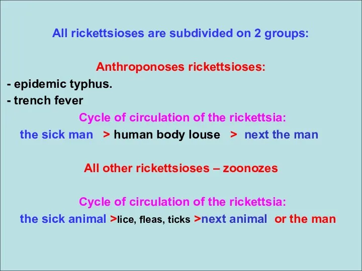 All rickettsioses are subdivided on 2 groups: Anthroponoses rickettsioses: - epidemic typhus. -