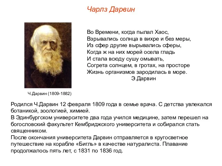 Чарлз Дарвин Родился Ч.Дарвин 12 февраля 1809 года в семье