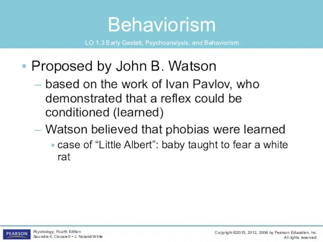 Behaviorism Proposed by John B. Watson based on the work of Ivan Pavlov,