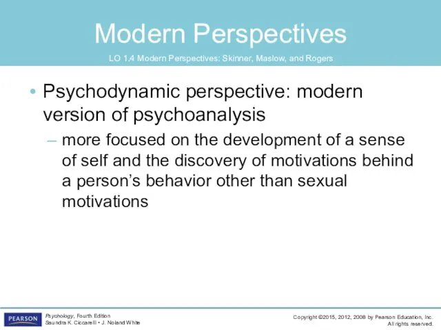 Modern Perspectives Psychodynamic perspective: modern version of psychoanalysis more focused on the development