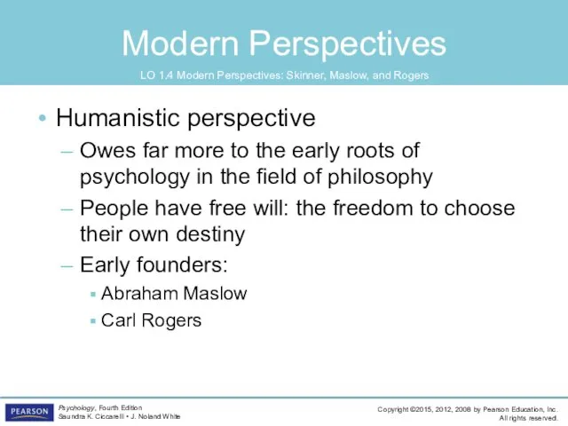Modern Perspectives Humanistic perspective Owes far more to the early roots of psychology