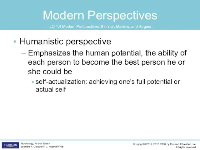Modern Perspectives Humanistic perspective Emphasizes the human potential, the ability of each person