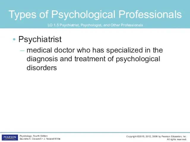 Types of Psychological Professionals Psychiatrist medical doctor who has specialized in the diagnosis