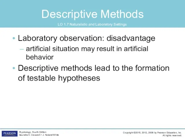 Descriptive Methods LO 1.7 Naturalistic and Laboratory Settings Laboratory observation: disadvantage artificial situation