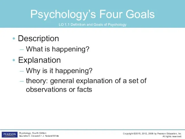 Psychology’s Four Goals Description What is happening? Explanation Why is it happening? theory:
