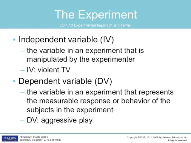 The Experiment LO 1.10 Experimental Approach and Terms Independent variable (IV) the variable