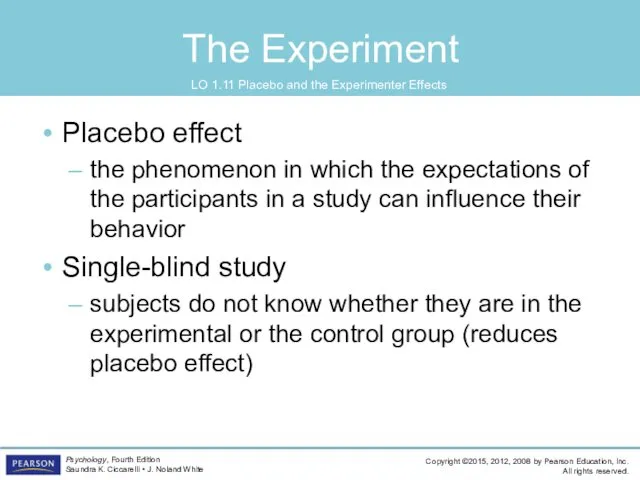 The Experiment LO 1.11 Placebo and the Experimenter Effects Placebo effect the phenomenon