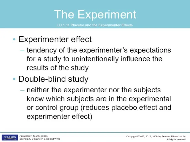 The Experiment LO 1.11 Placebo and the Experimenter Effects Experimenter effect tendency of