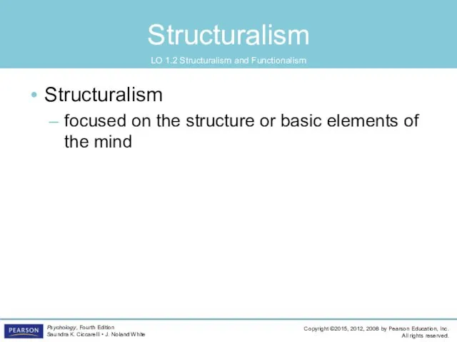 Structuralism Structuralism focused on the structure or basic elements of the mind LO