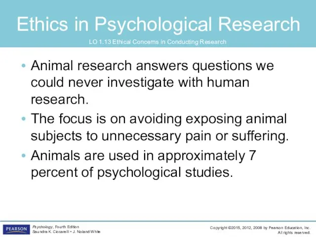 Ethics in Psychological Research LO 1.13 Ethical Concerns in Conducting Research Animal research