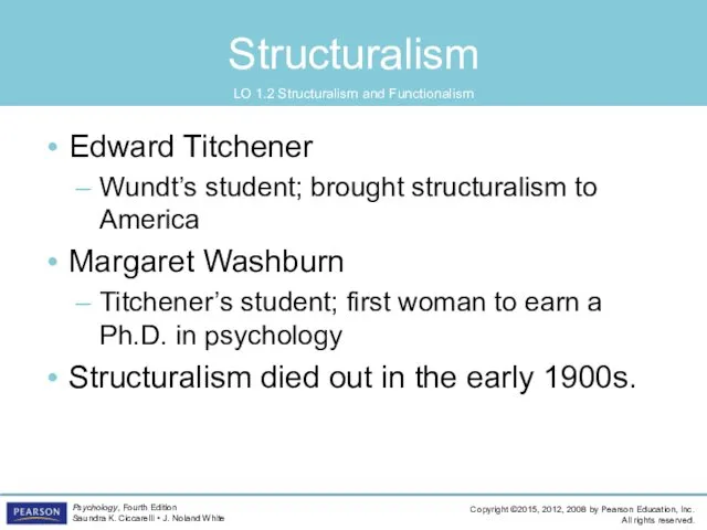 Structuralism Edward Titchener Wundt’s student; brought structuralism to America Margaret Washburn Titchener’s student;