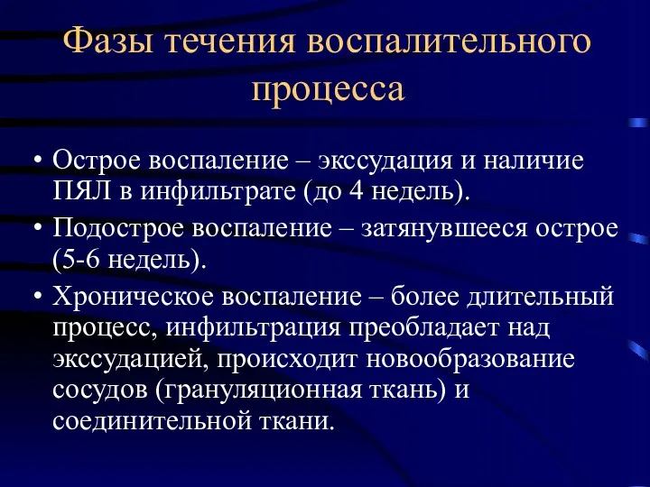 Фазы течения воспалительного процесса Острое воспаление – экссудация и наличие