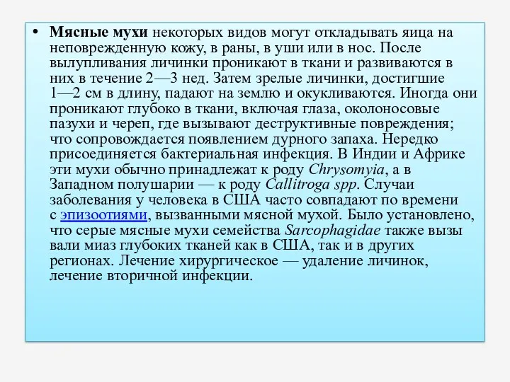 Мясные мухи некоторых видов могут откла­дывать яица на неповрежденную кожу,