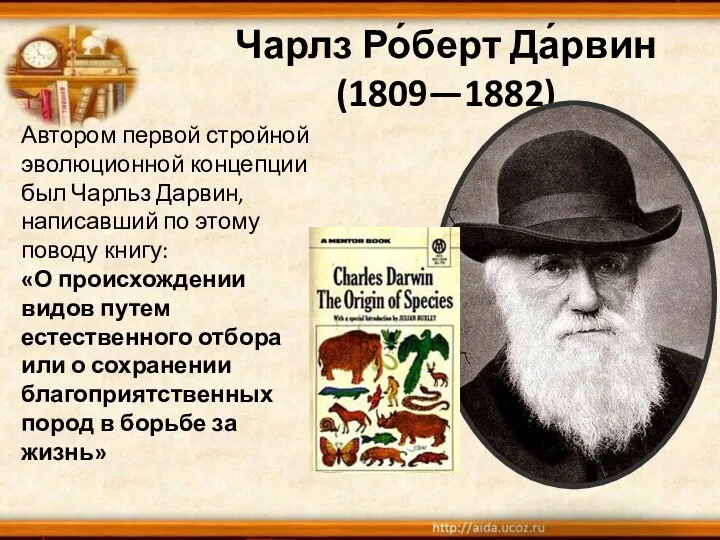 Чарлз Ро́берт Да́рвин (1809—1882) Автором первой стройной эволюционной концепции был