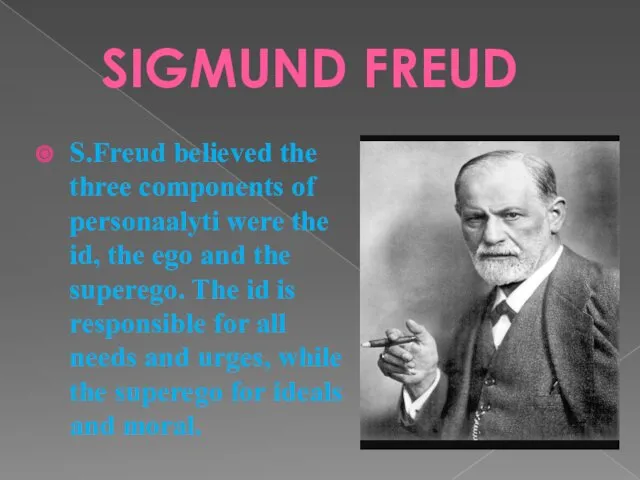 SIGMUND FREUD S.Freud believed the three components of personaalyti were