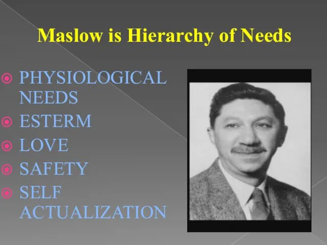 Maslow is Hierarchy of Needs PHYSIOLOGICAL NEEDS ESTERM LOVE SAFETY SELF ACTUALIZATION