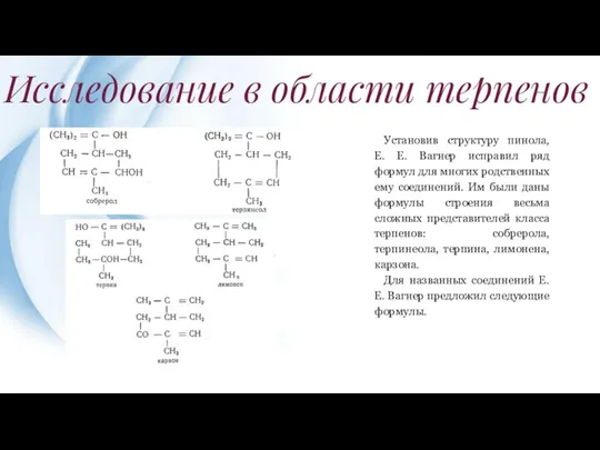 Исследование в области терпенов Установив структуру пинола, Е. Е. Вагнер