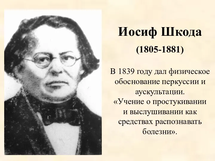 Иосиф Шкода (1805-1881) В 1839 году дал физическое обоснование перкуссии