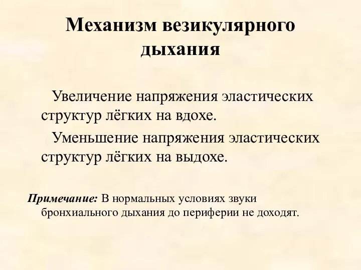 Механизм везикулярного дыхания Увеличение напряжения эластических структур лёгких на вдохе.