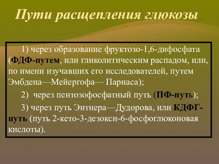 Пути расщепления глюкозы 1) через образование фруктозо-1,6-дифосфата (ФДФ-путем, или гликолитическим распадом, или, по