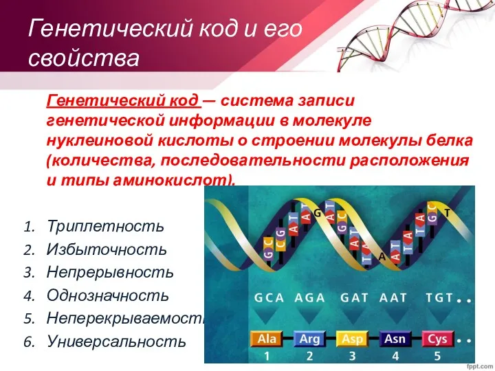 Генетический код и его свойства Генетический код — система записи