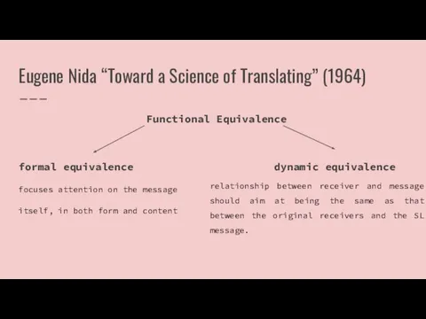 Eugene Nida “Toward a Science of Translating” (1964) Functional Equivalence formal equivalence dynamic