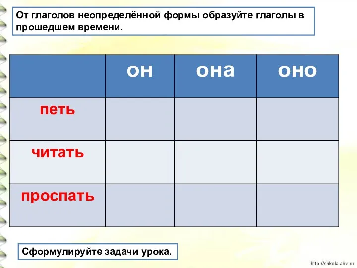 От глаголов неопределённой формы образуйте глаголы в прошедшем времени. Сформулируйте задачи урока.