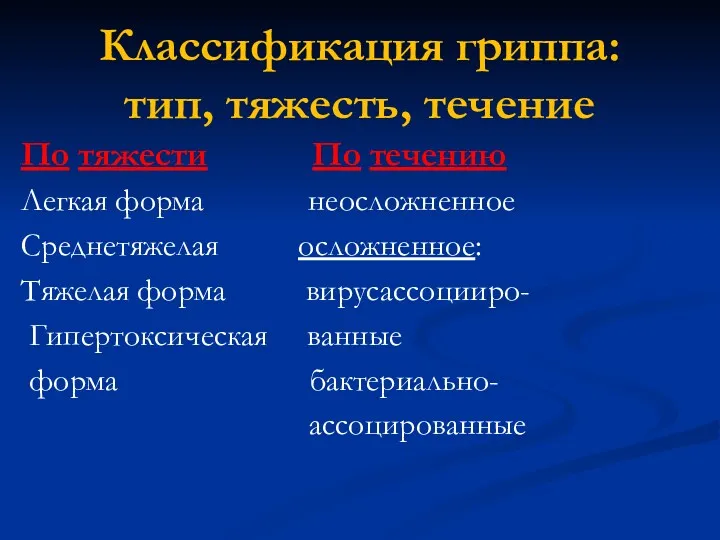 Классификация гриппа: тип, тяжесть, течение По тяжести По течению Легкая