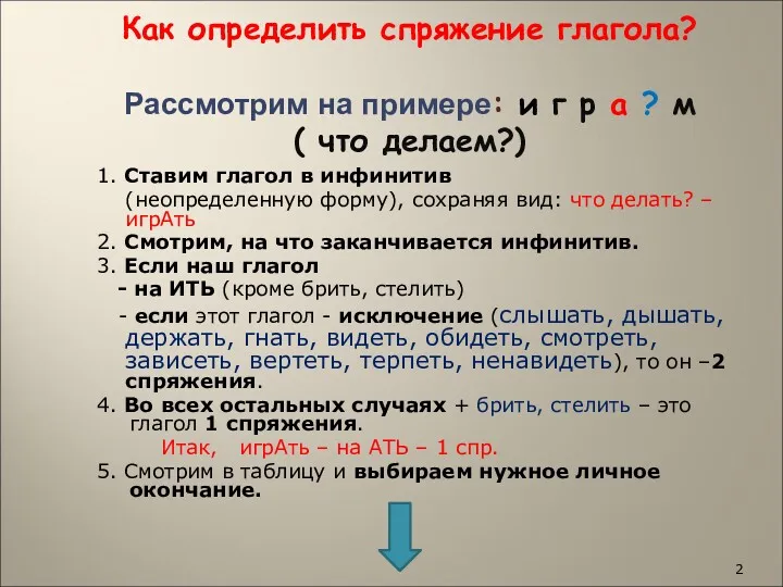 Как определить спряжение глагола? Рассмотрим на примере: и г р