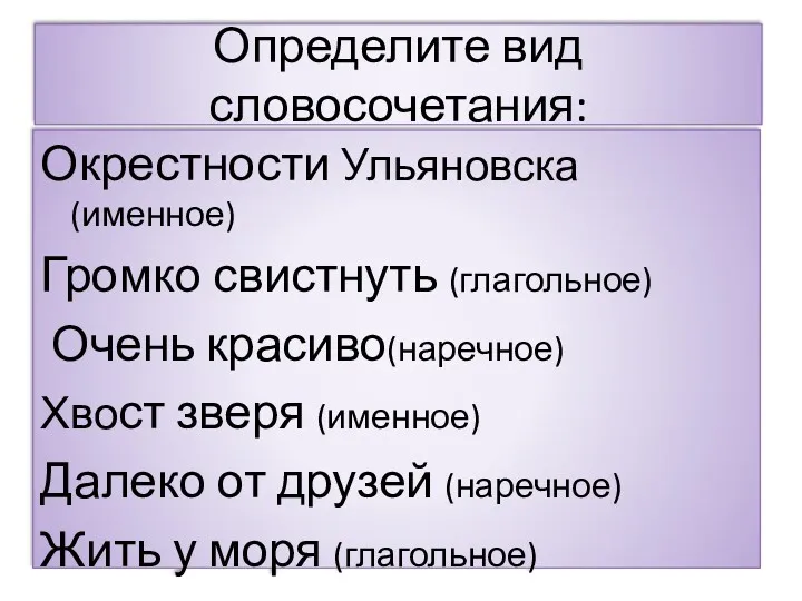 Окрестности Ульяновска (именное) Громко свистнуть (глагольное) Очень красиво(наречное) Хвост зверя