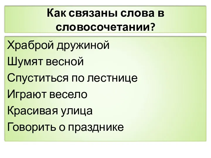 Как связаны слова в словосочетании? Храброй дружиной Шумят весной Спуститься