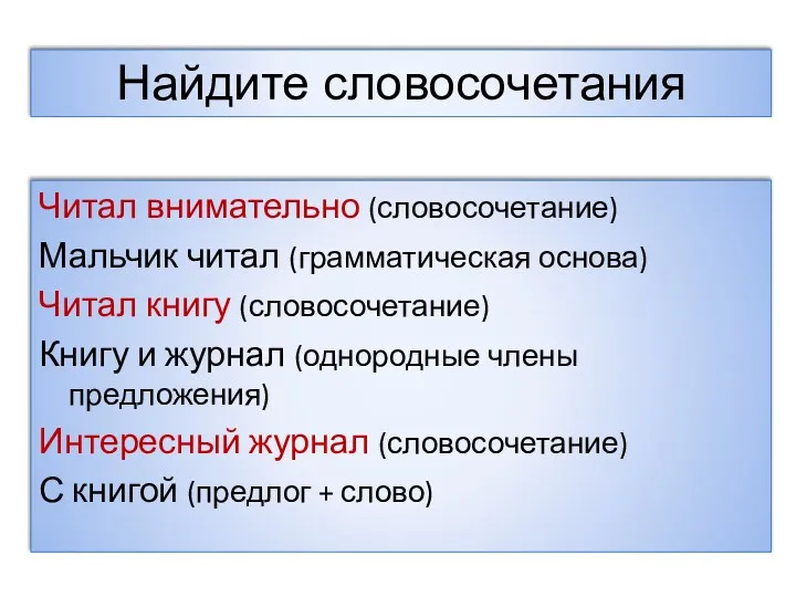 Читал внимательно (словосочетание) Мальчик читал (грамматическая основа) Читал книгу (словосочетание)