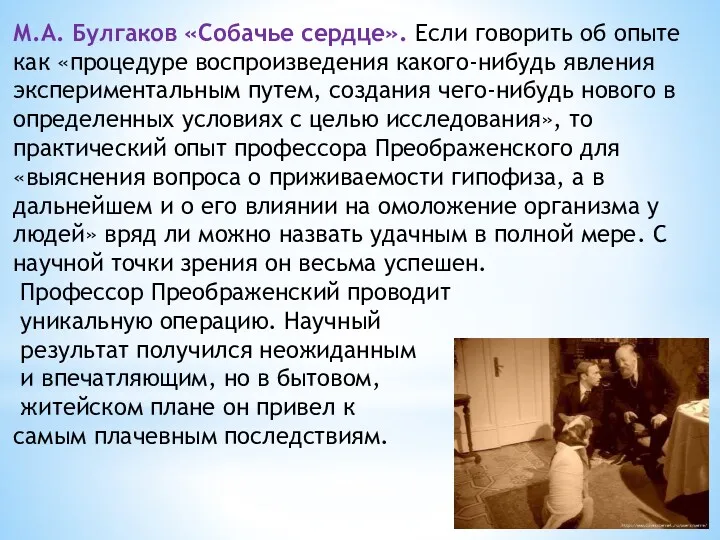 М.А. Булгаков «Собачье сердце». Если говорить об опыте как «процедуре